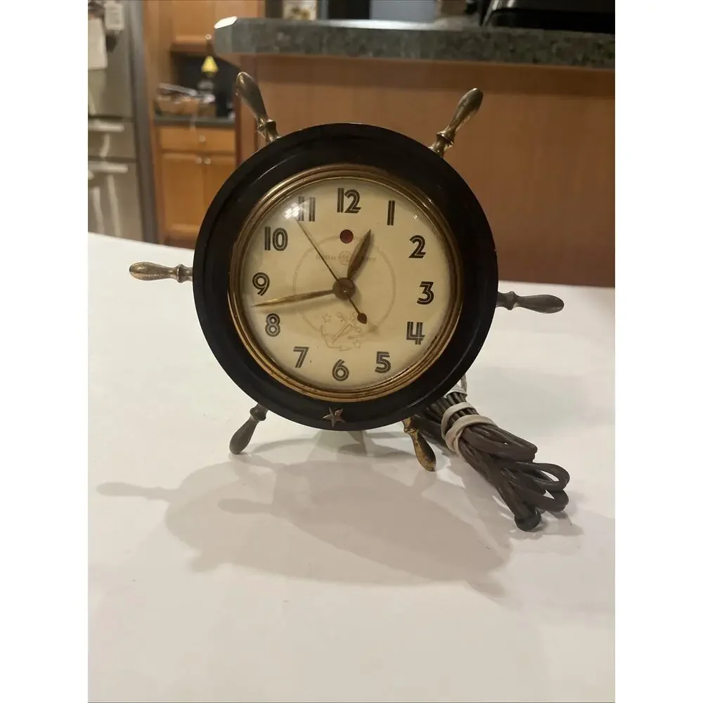 Vintage General Electric Tabletop Clock Brass Ship Wheel Clock Model #3H98 WORKS